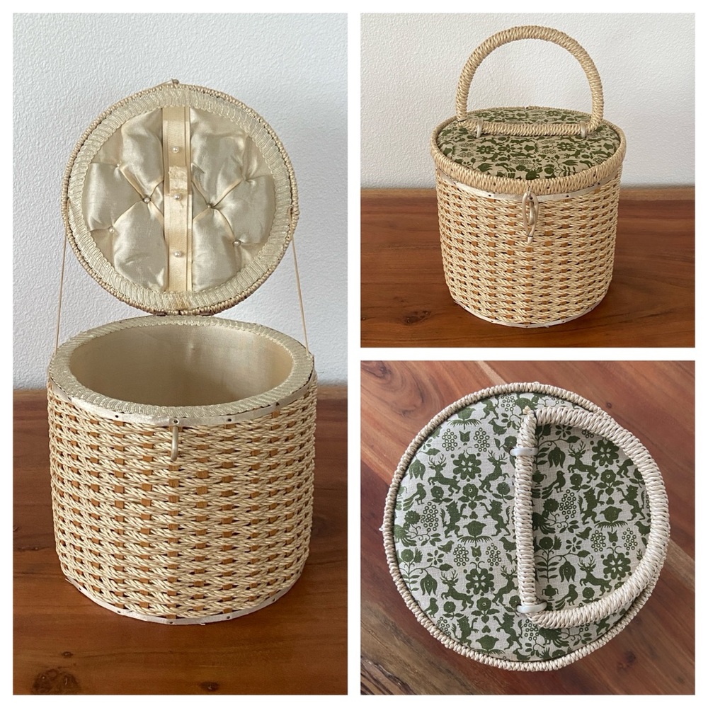 Vintage woven round basket bag with green floral lining